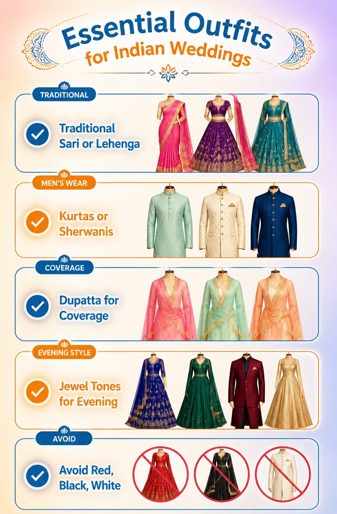 A display of traditional Indian wedding attire worn by guests.