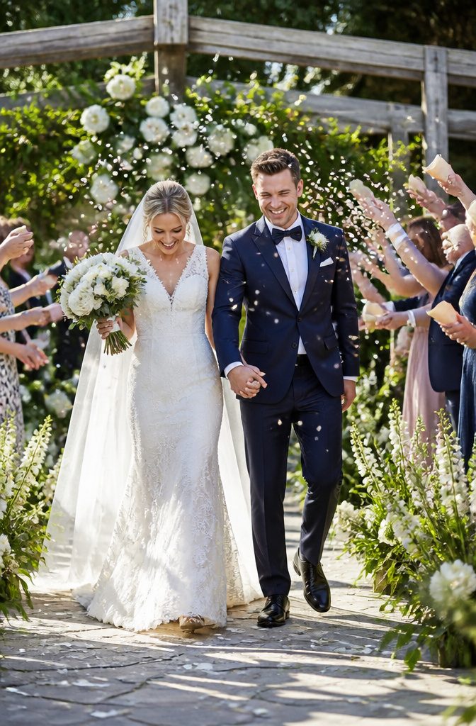 How Many Songs for Wedding Ceremony: 6 Types to Plan 6 Newlyweds leaving down a garden path with confetti.