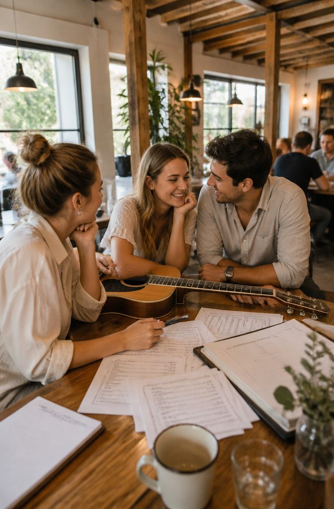 How Many Songs for Wedding Ceremony: 6 Types to Plan 11 Couple discussing music options with a planner in a cafe.