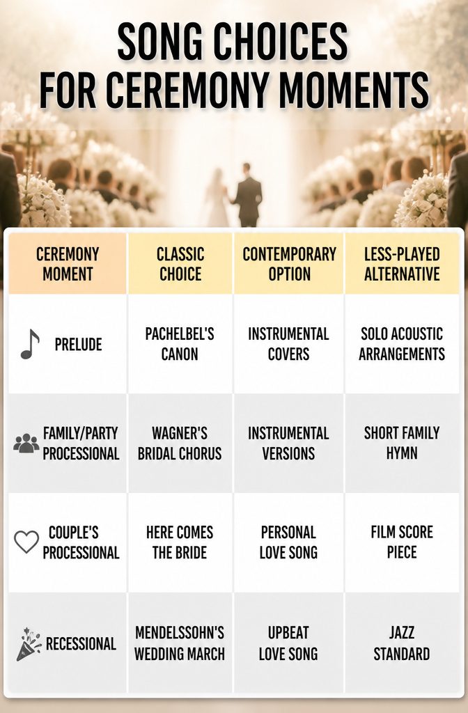 How Many Songs for Wedding Ceremony: 6 Types to Plan 9 Table listing song choices for various wedding ceremony moments.