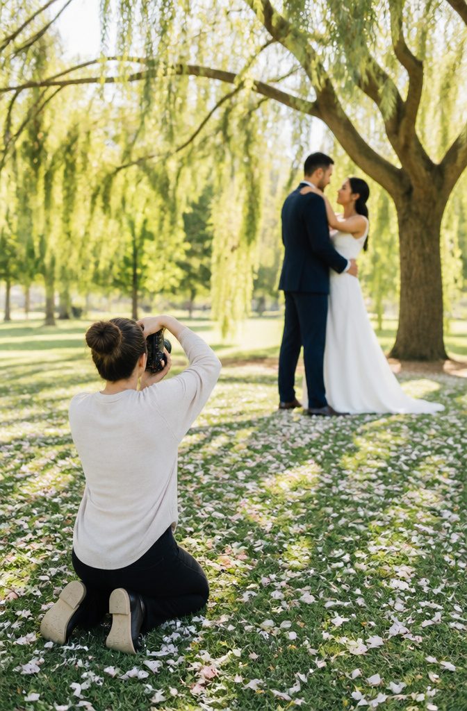 New wedding photographer kneeling in a park, capturing a couple in white attire.