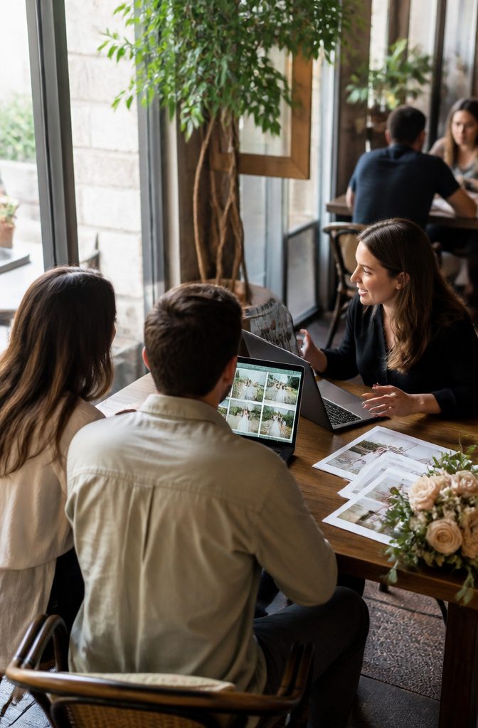 Photographer consulting with a couple at an outdoor café.