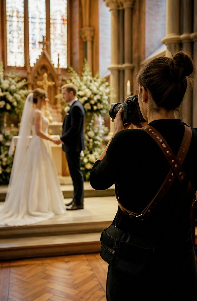 Mid-ceremony scene in a church with a couple at a floral altar.