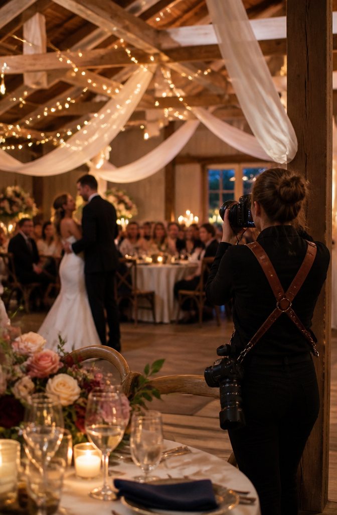 Photographer at a reception venue with couples dancing under fairy lights.