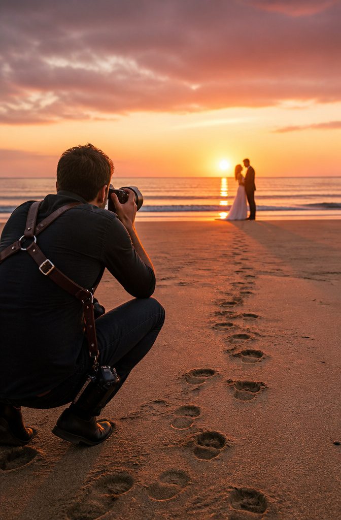 Experienced wedding photographer framing a couple against a sunset sky.