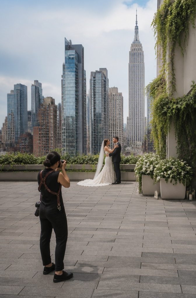 Photographer working in a busy urban setting.