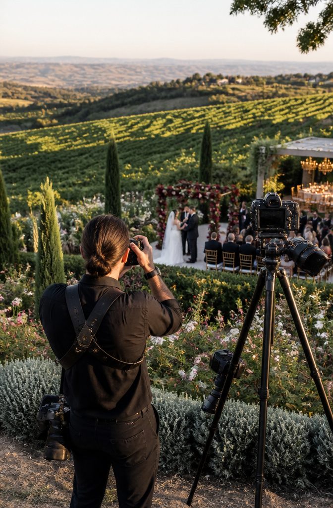 High-end wedding photographer at an outdoor ceremony in a vineyard.