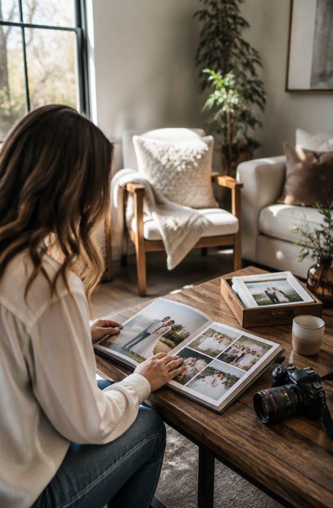 Photographer reviewing a wedding album in a cozy living room.