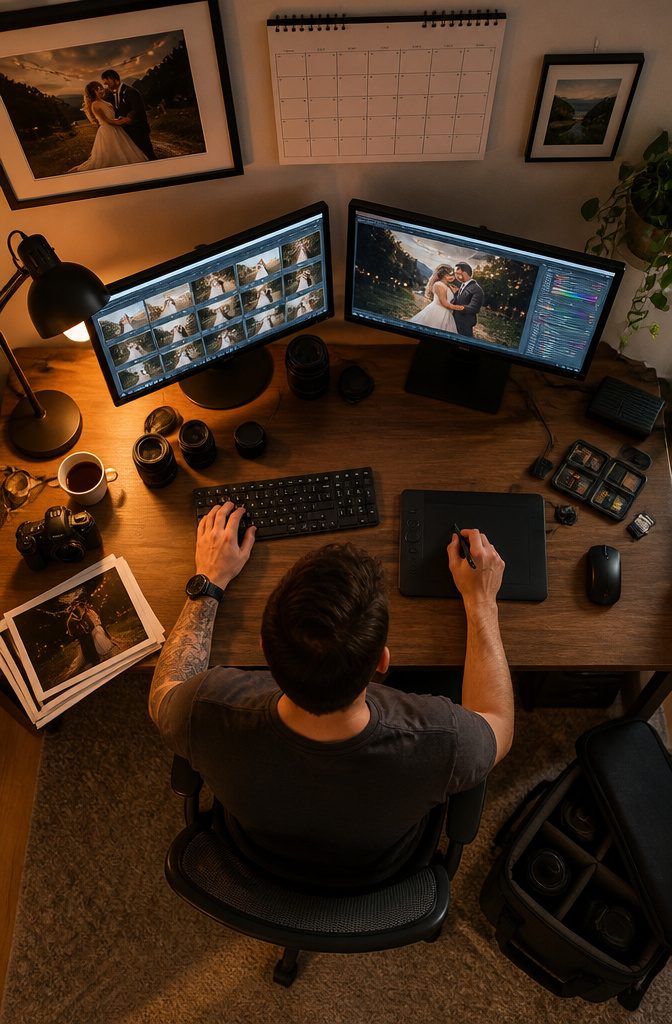 Photographer editing photos on a laptop.