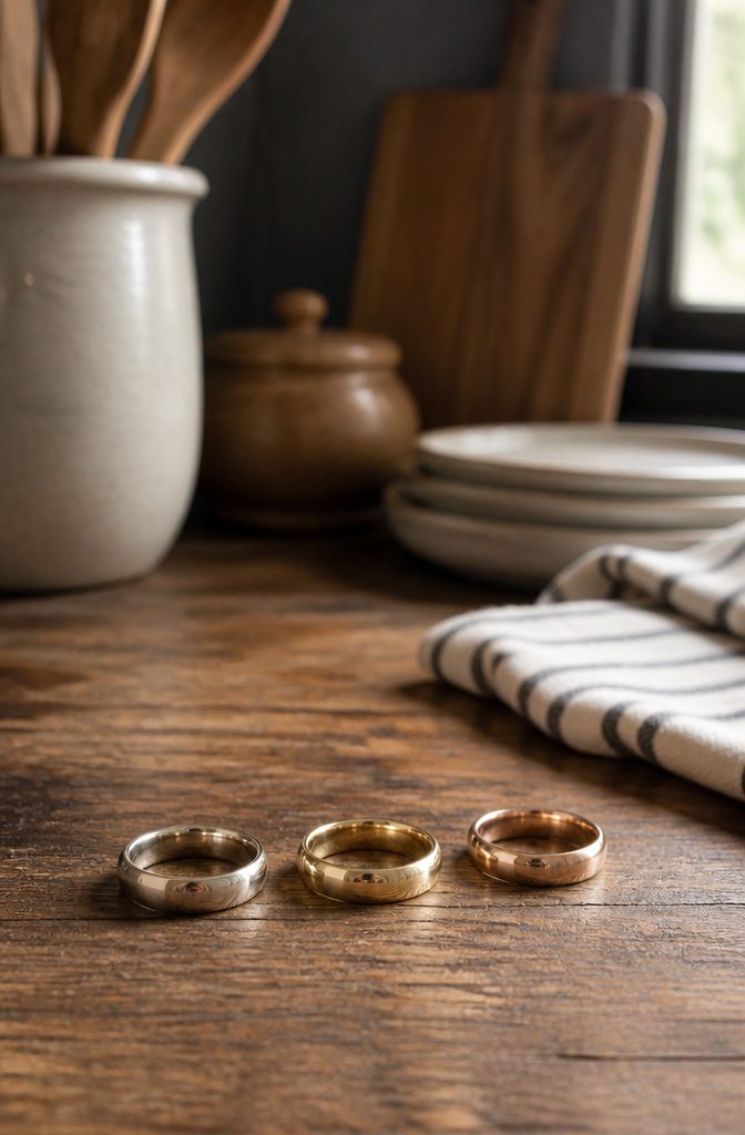 Various wedding bands displayed on a rustic wooden countertop.