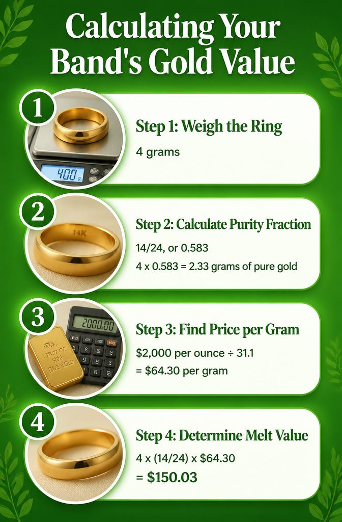 An image illustrating the steps to calculate a wedding band's gold value.