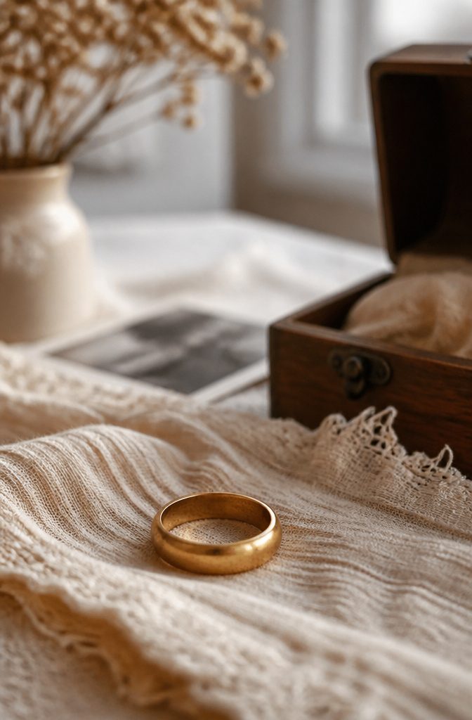 A vintage wedding band placed on soft, textured fabric.