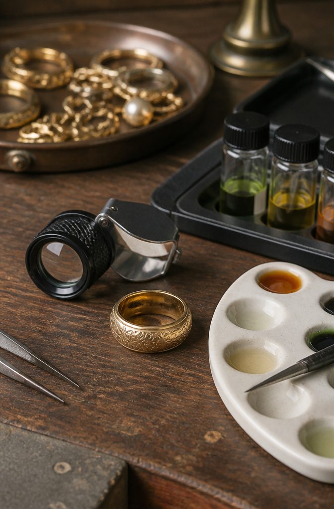A vintage wedding band next to a jeweler's loupe and a gold acid test kit.