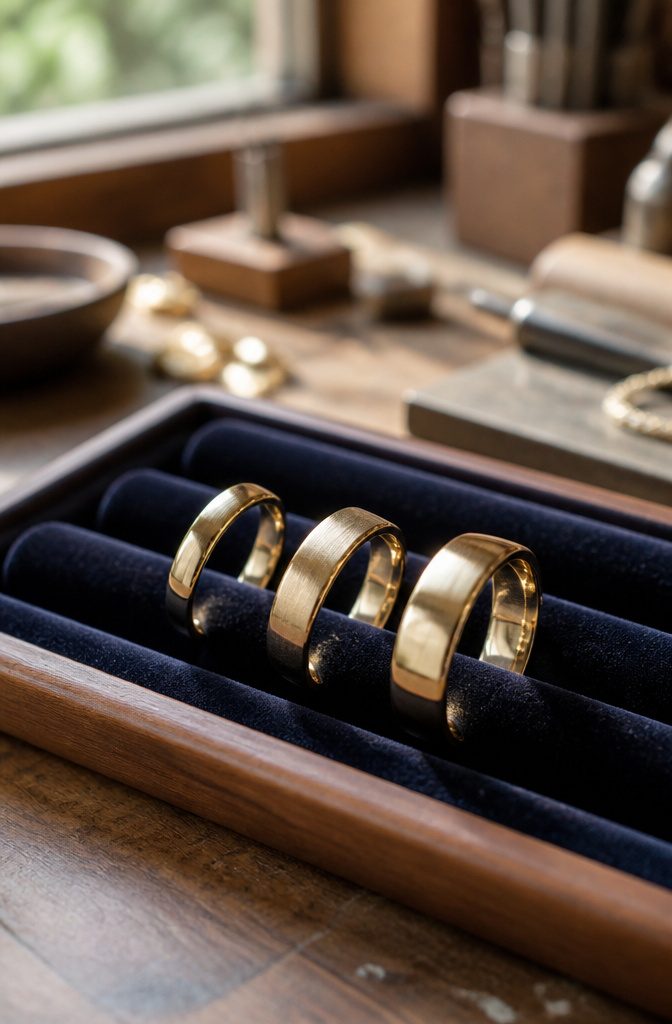 A jeweler displaying multiple wedding bands for comparison.