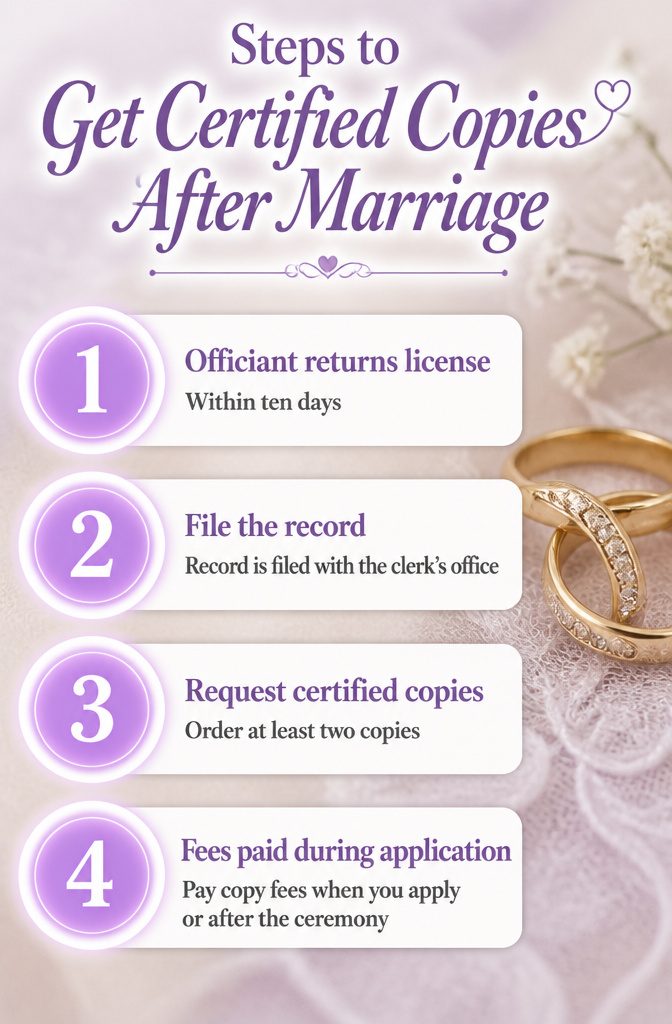 Florida Marriage License Cost and Requirements (2026) 7 An image titled 'Steps to Get Certified Copies After Marriage'.