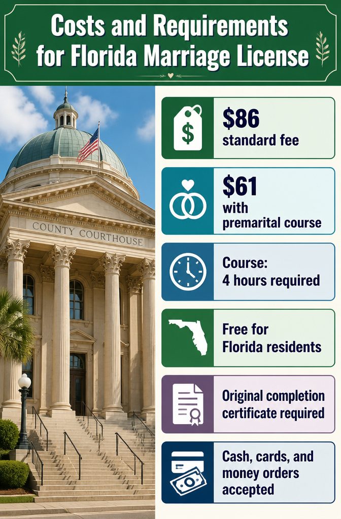 Florida Marriage License Cost and Requirements (2026) 2 An information image titled 'Costs and Requirements for Florida Marriage License'.