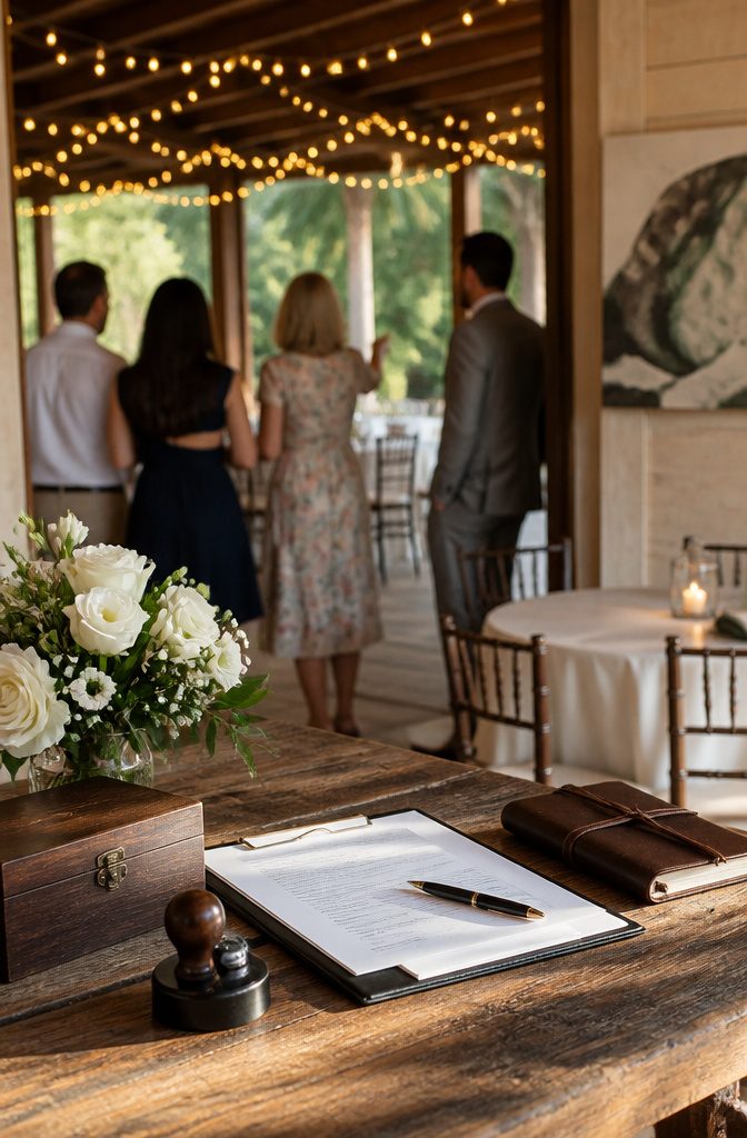 Florida Marriage License Cost and Requirements (2026) 6 A wooden table with materials outlining different officiants permitted in Florida.