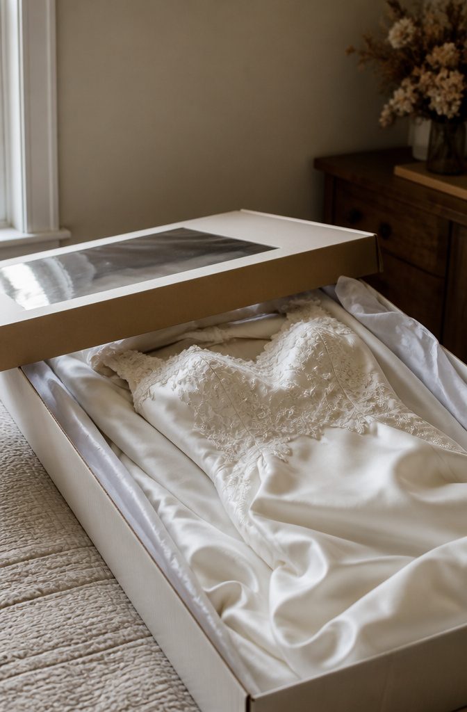 How Much to Dry Clean a Wedding Gown: 7 Price Factors for 2026 3 A wedding gown draped in a preservation box with lace details.