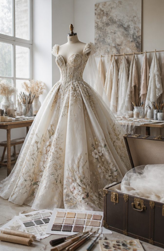 How Much to Dry Clean a Wedding Gown: 7 Price Factors for 2026 6 A designer wedding gown with intricate details and custom work.