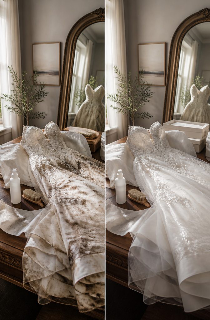 How Much to Dry Clean a Wedding Gown: 7 Price Factors for 2026 5 A heavily soiled wedding gown needing premium cleaning services.