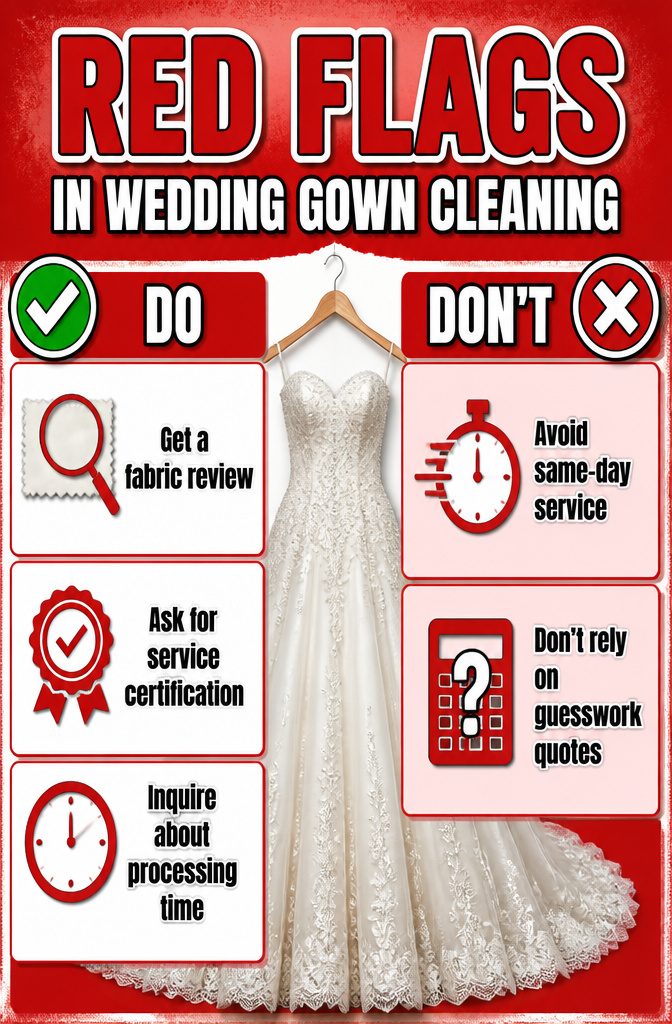How Much to Dry Clean a Wedding Gown: 7 Price Factors for 2026 10 An information image about red flags in wedding gown cleaning.