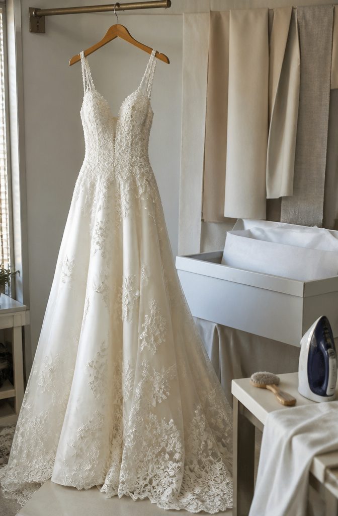 How Much to Dry Clean a Wedding Gown: 7 Price Factors for 2026 4 A silk wedding gown with intricate lace and beading details.