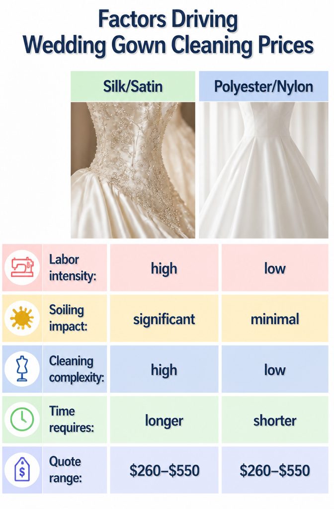 How Much to Dry Clean a Wedding Gown: 7 Price Factors for 2026 7 An information image about factors driving wedding gown cleaning prices.