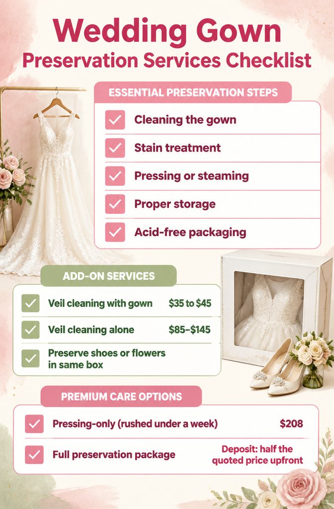 How Much to Dry Clean a Wedding Gown: 7 Price Factors for 2026 8 A checklist for wedding gown preservation services.