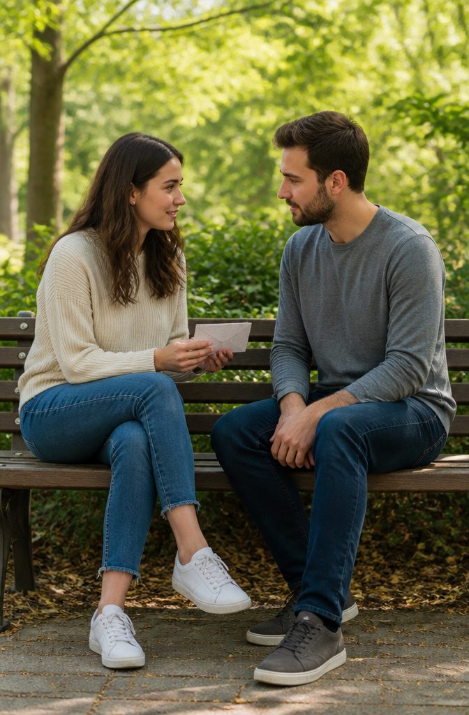 Couple sitting on a bench, discussing officiant role in a park.