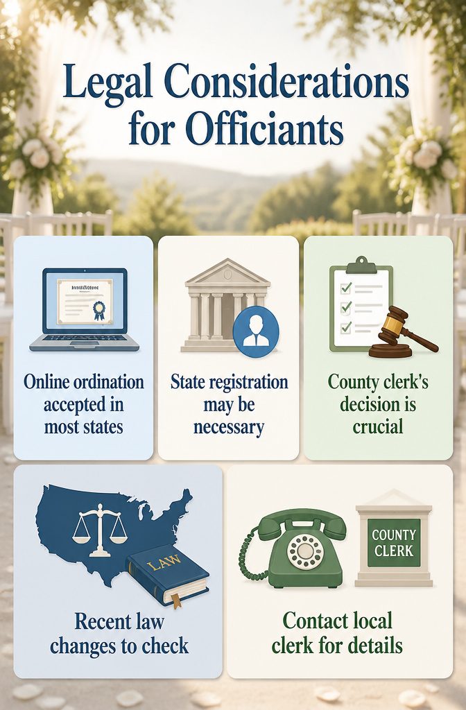 Information image titled 'Legal Considerations for Officiants' with wedding theme.