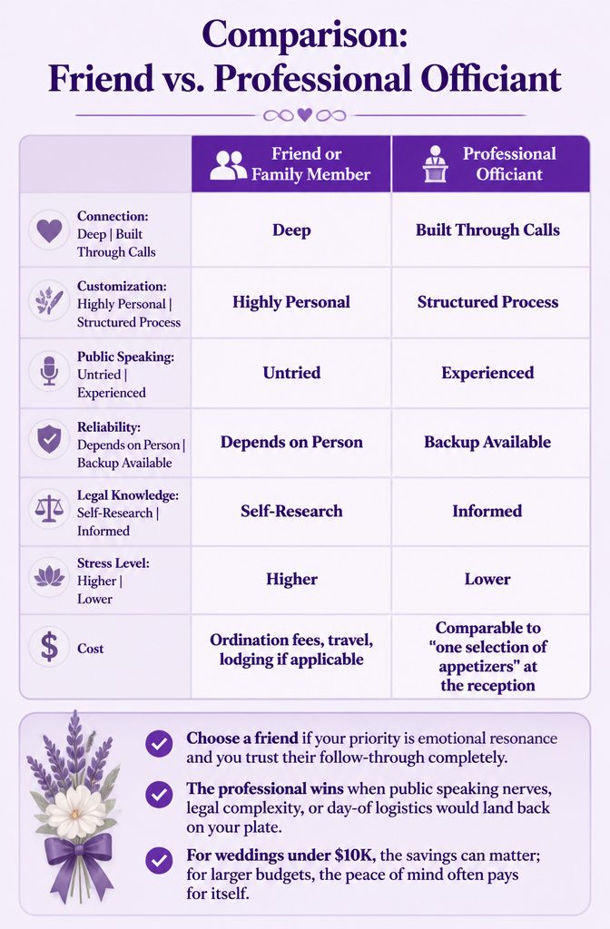 Chart comparing friend and professional officiants for weddings.