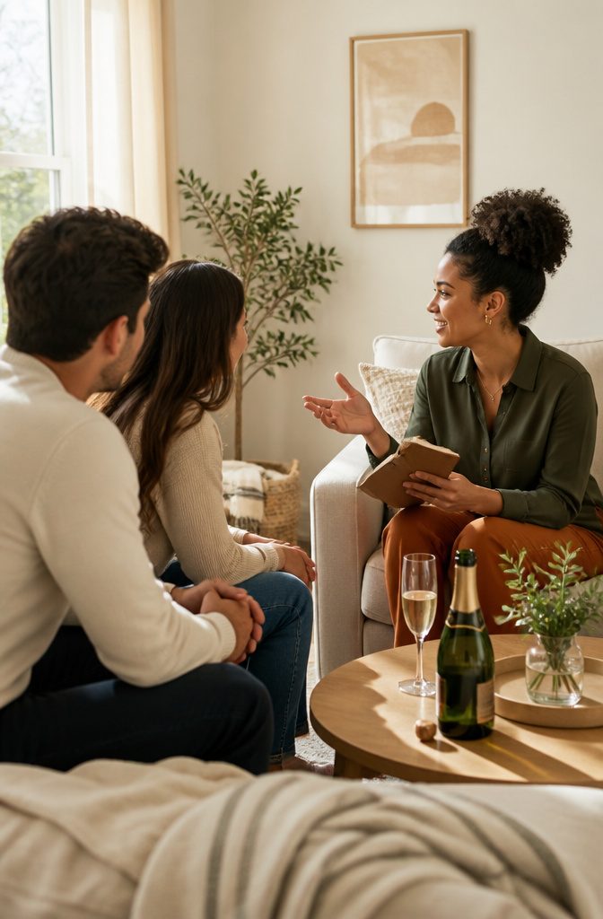 Couple sitting with a friend in a living room, discussing wedding details.