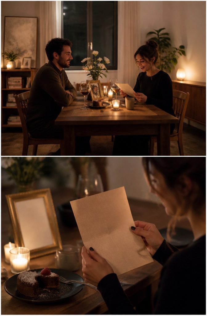 Couple sitting at a dinner table, engaged in a serious conversation.