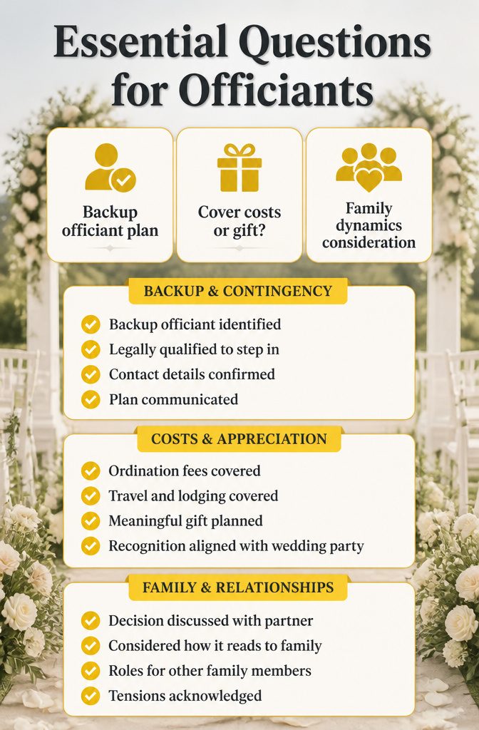 Information image titled 'Essential Questions for Officiants' related to weddings.