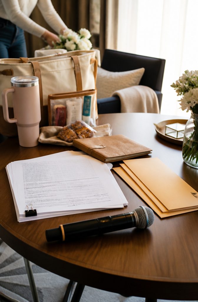 Table with wedding script, microphone, and envelopes for marriage license.