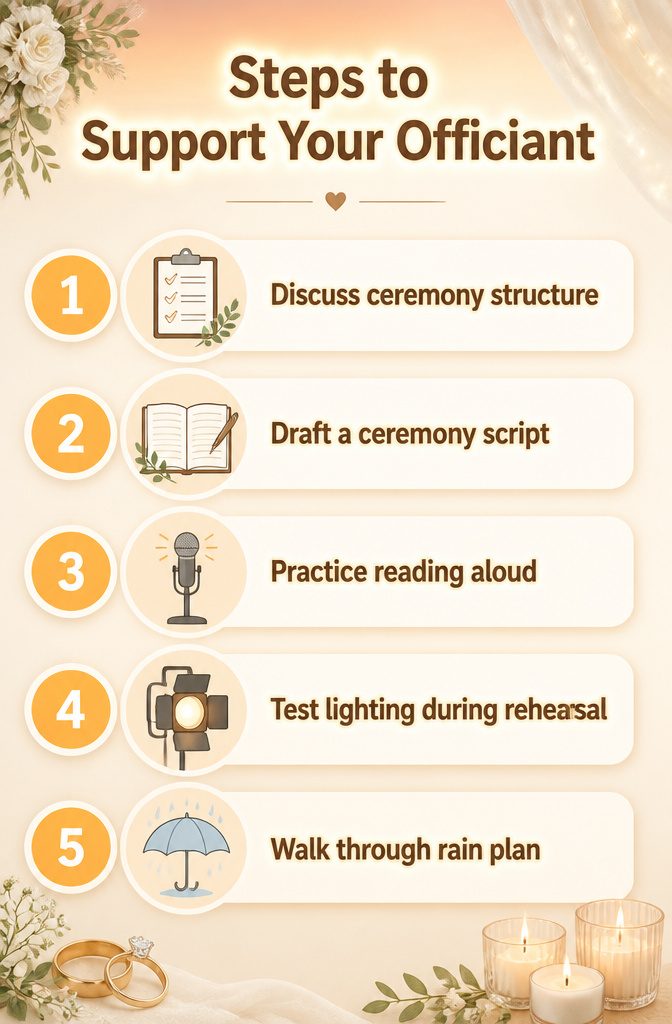 Information image titled 'Steps to Support Your Officiant' with wedding details.