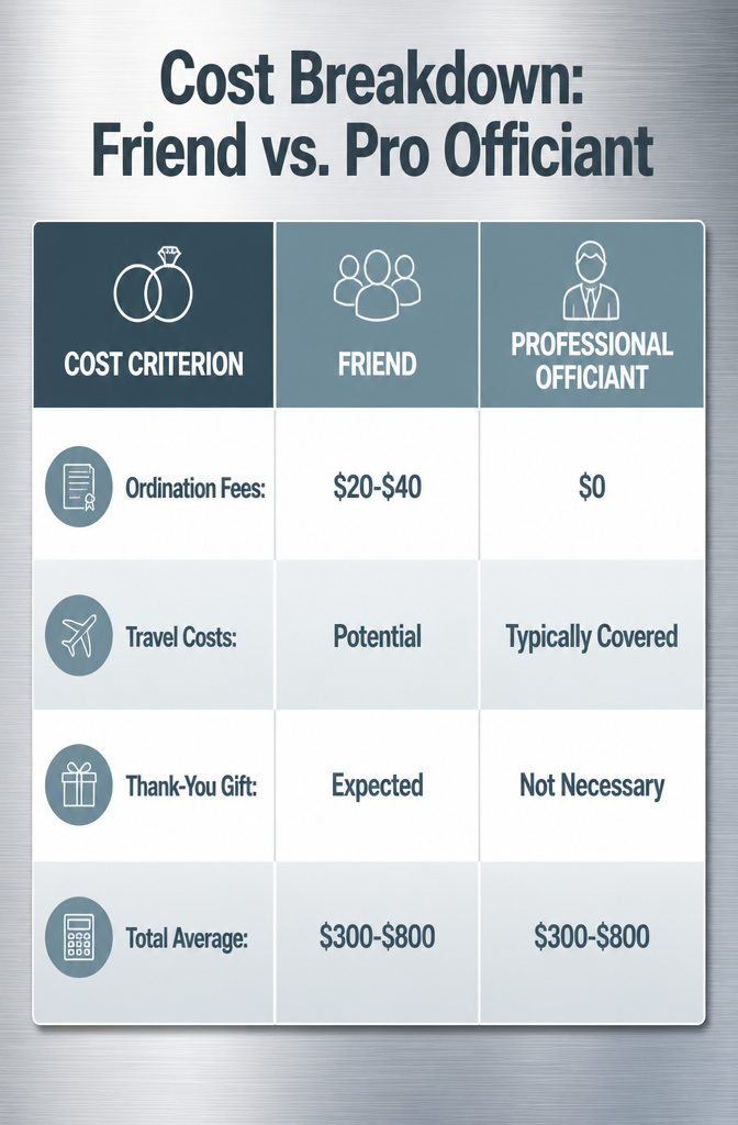 Comparison graphic detailing costs of friend vs. professional officiants.