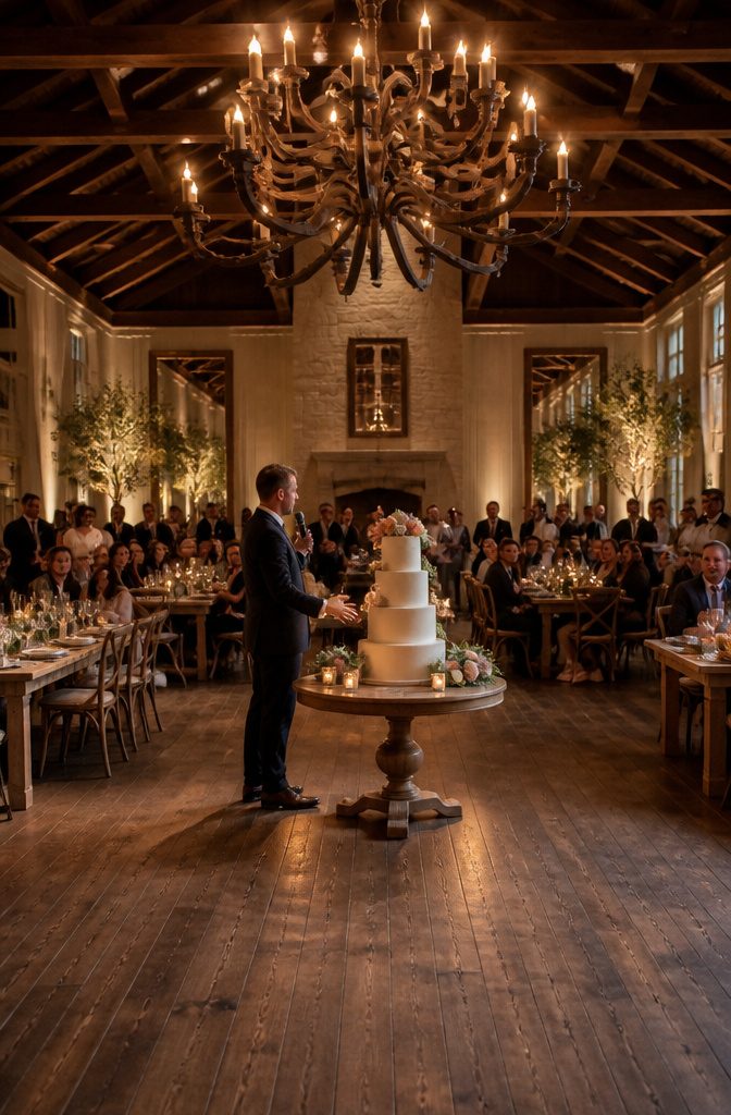 An emcee holds a microphone, ready to announce the cake cutting.
