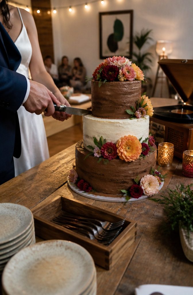 A tiered wedding cake decorated with flowers, next to a record player.