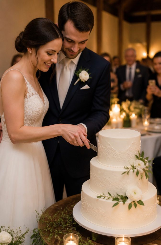 A couple stands before a tiered wedding cake, poised to cut it.