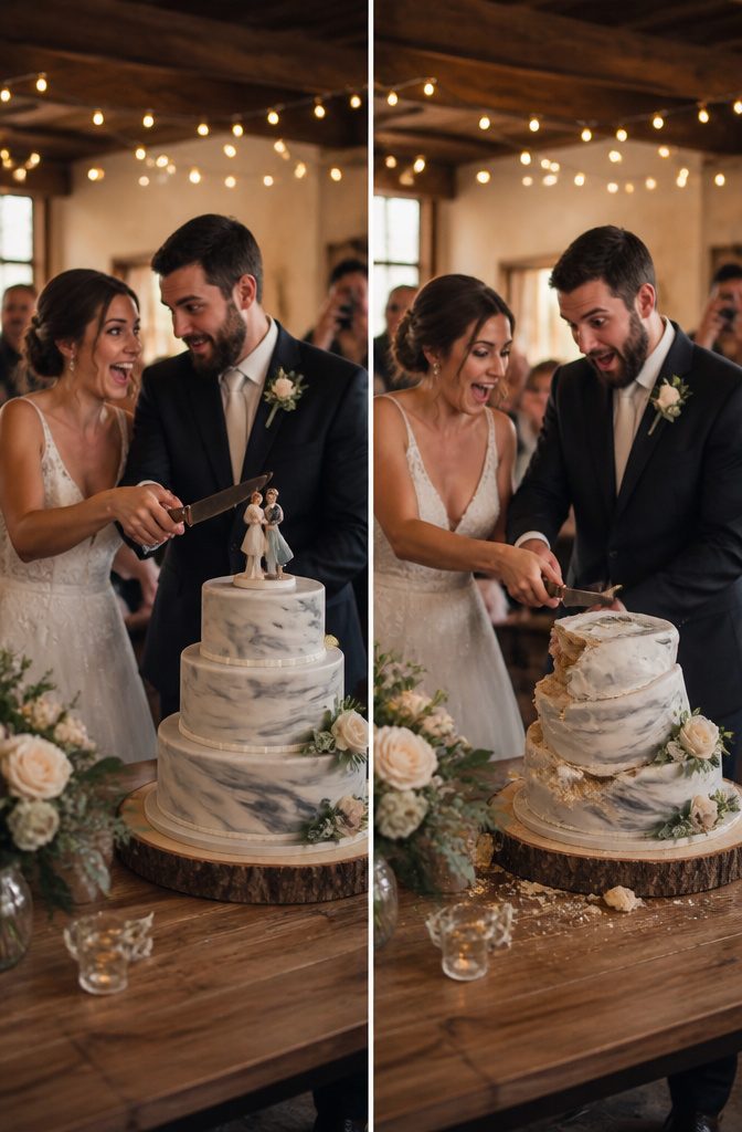A couple talks about cake smashing while standing by the wedding cake.