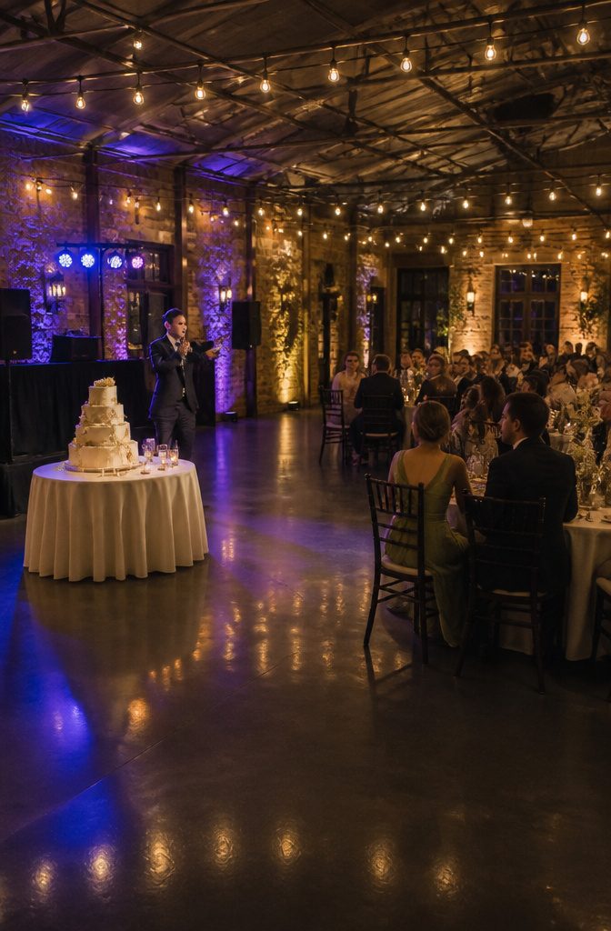 A DJ uses a microphone to announce the wedding cake cutting.