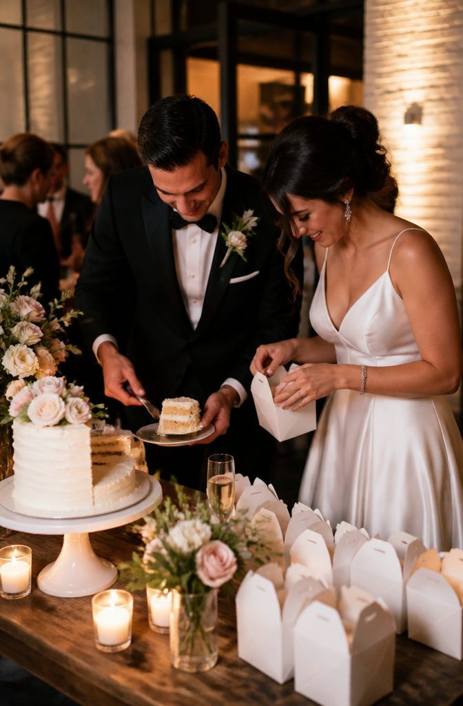 Elegant to-go boxes are placed on a dessert table next to the cake.