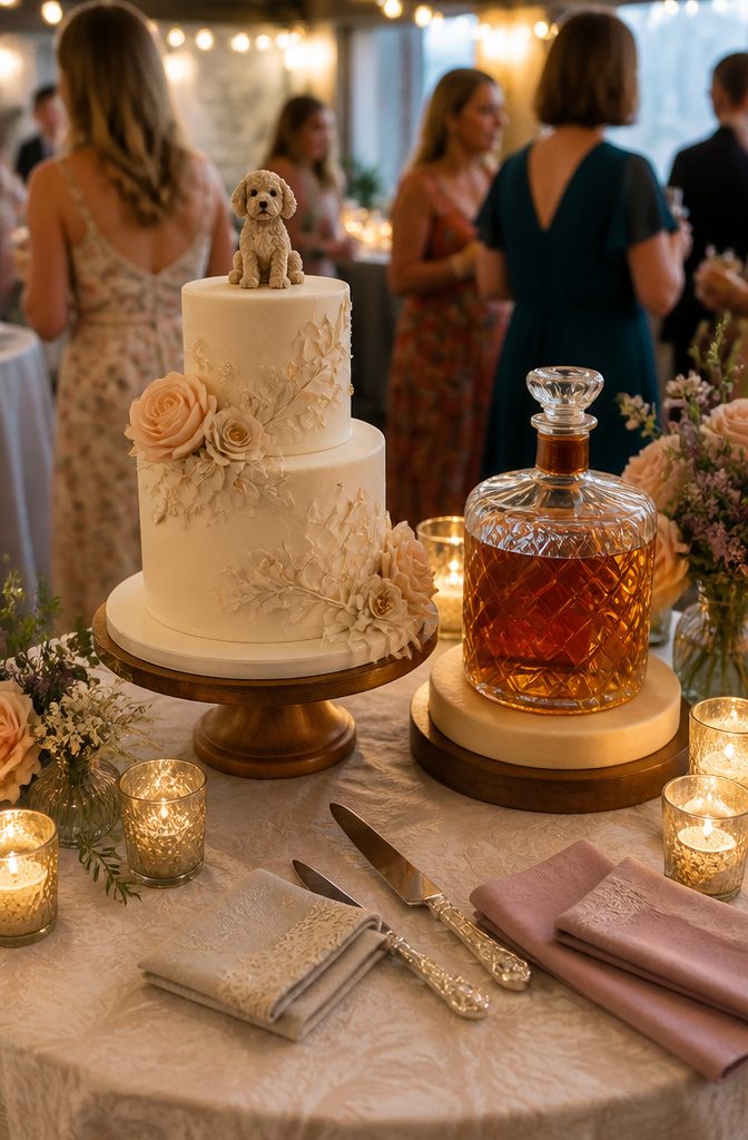 A wedding cake topped with a sugar figurine of a dog and floral decor.