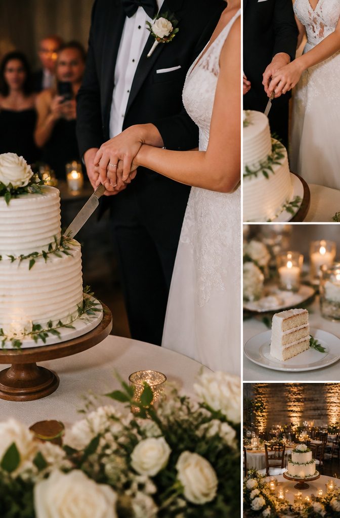 A couple stands together, preparing to cut their wedding cake.