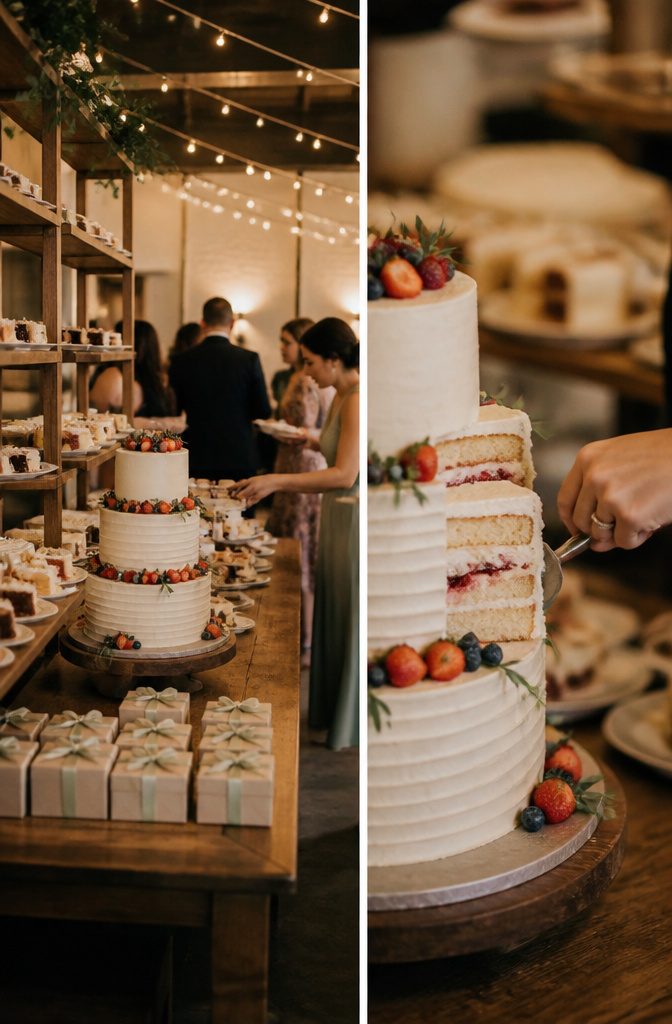 A couple hands out slices of wedding cake to their guests.