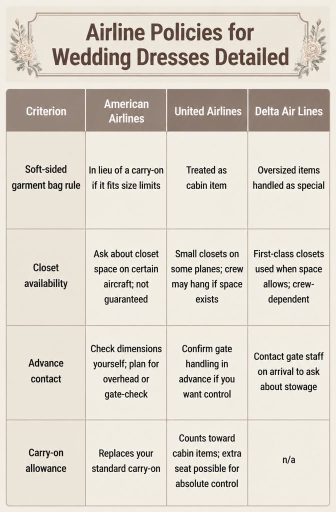 How to Fly with a Wedding Dress in 2026 9 An information graphic comparing airline policies for wedding dresses.