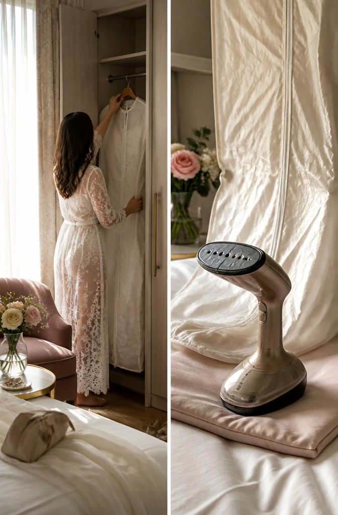 How to Fly with a Wedding Dress in 2026 7 A wedding dress hanging in a hotel room closet.
