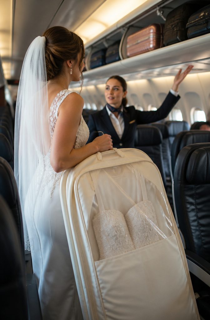 How to Fly with a Wedding Dress in 2026 6 A bride boarding a plane with a garment bag for her wedding dress.