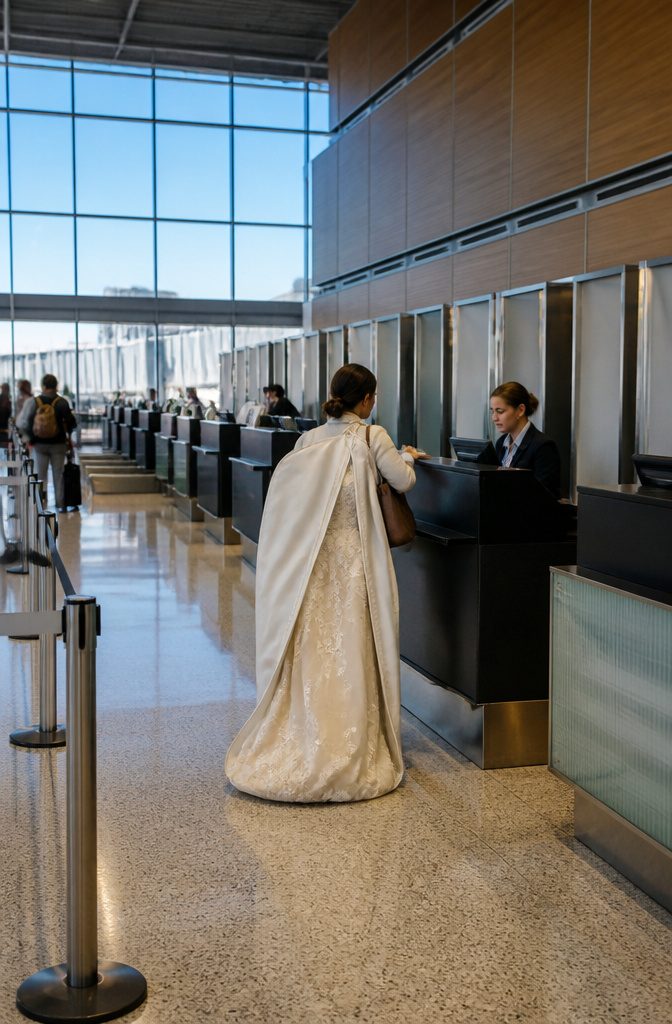 How to Fly with a Wedding Dress in 2026 5 A bride nervously approaching a check-in agent with a garment bag.
